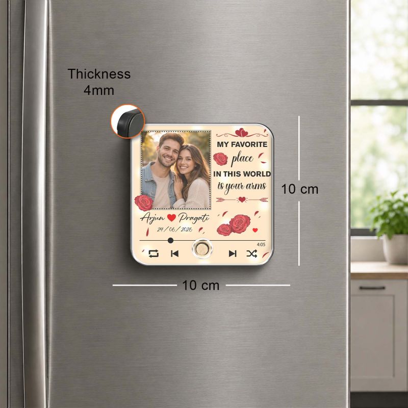 Personalized My Favorite Place is Your Arms Quote Printed Musical Fridge Magnet Anniversary & Birthday Gifts for Boyfriend Girlfriend Husband Wife | Music Player Style Keepsake Frame